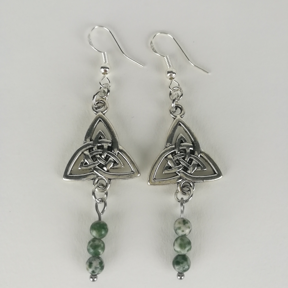 Simple Celtic knot themed earrings made with Moss Agate beads